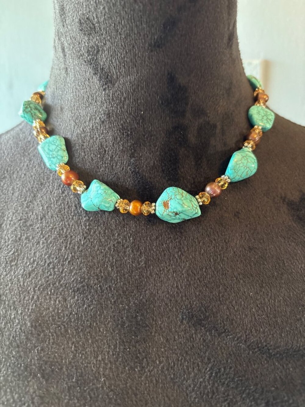 Artisan Turquoise Beaded Necklace With accent beads Adjustable Chain Statement